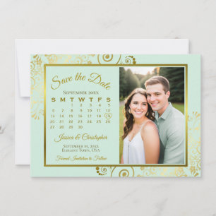 Save The Date Élégant calendrier vert menthe et or Photo Mariage