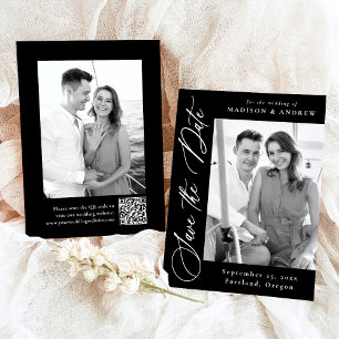 Save The Date Élégant Calligraphie Noir 2 Photo Code QR Mariage