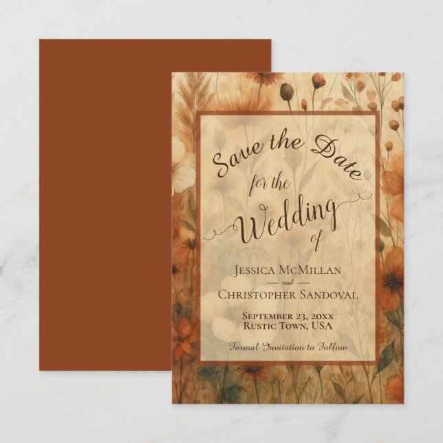 Save The Date Elegant Calligraphy Fall Boho Wildflowers Wedding (Devant / Derrière)
