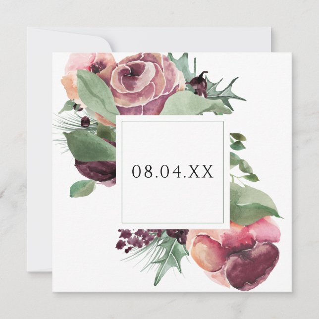 Save The Date Elégant Carré d'aquarelle florale bordeaux (Devant)
