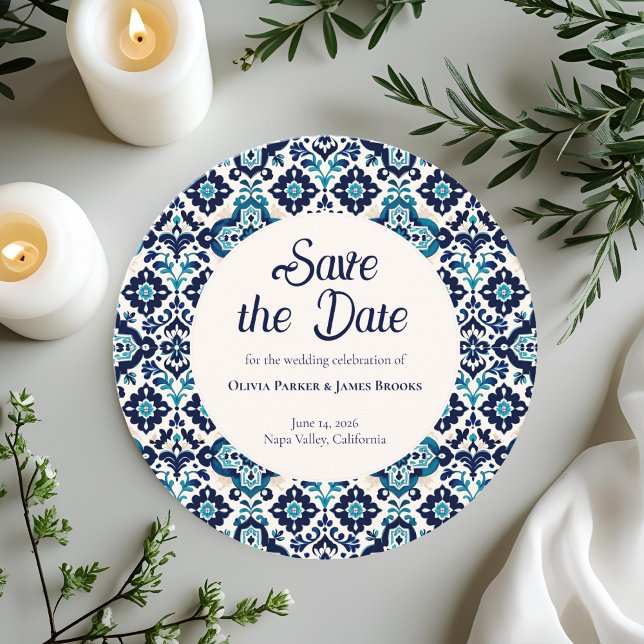 Save The Date Elégant Carrelage Bleu Méditerranée Enregistrer la (Créateur téléchargé)