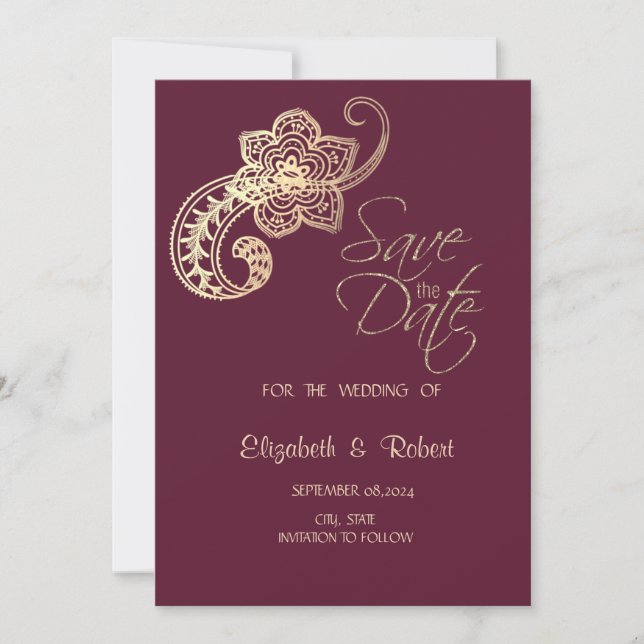 Save The Date Élégant Chic Gold Paisley Stars Économisez (Devant)