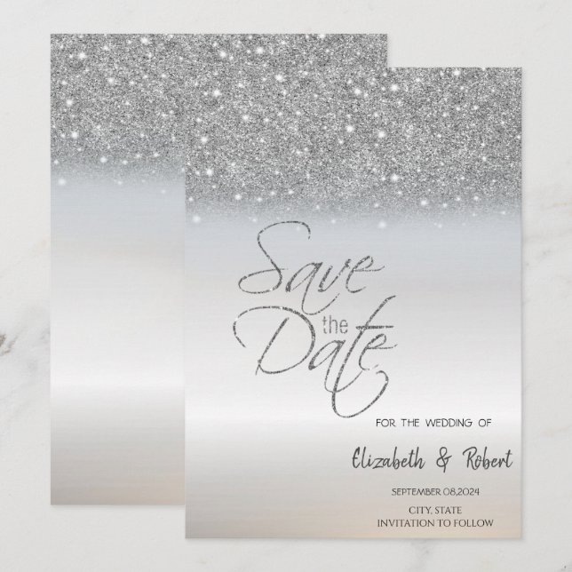 Save The Date Elegant Chic Parties scintillant Argent Bokeh Enre (Devant / Derrière)