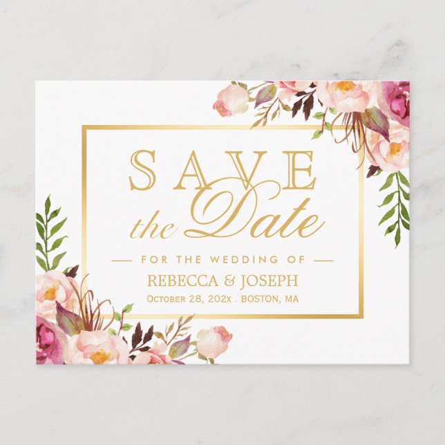 Save the Date Elegant Chic Pink Floral Gold Frame Postcard (Front)