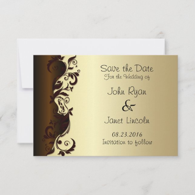 Save The Date Élégant Chocolat Brown et or Mariage floral (Devant)