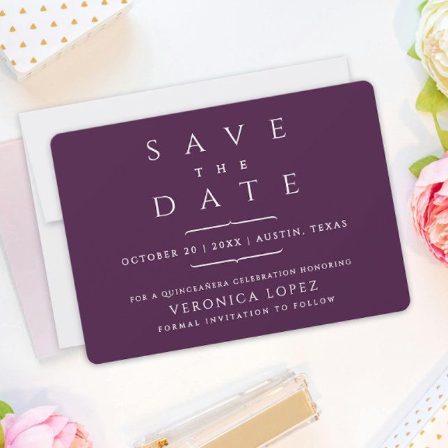 Save The Date Élégant classique élégant foncé violet Quinceañera (Créateur téléchargé)