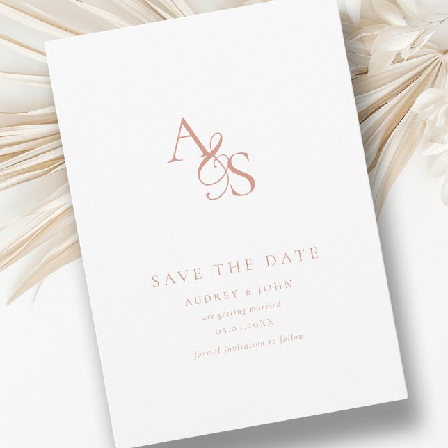 Save The Date Élégant, Classique, Monogramme, Blanc, Mariage (Elegant, classic, monogram, white & copper, Save the Date Card. Print + Download available.)