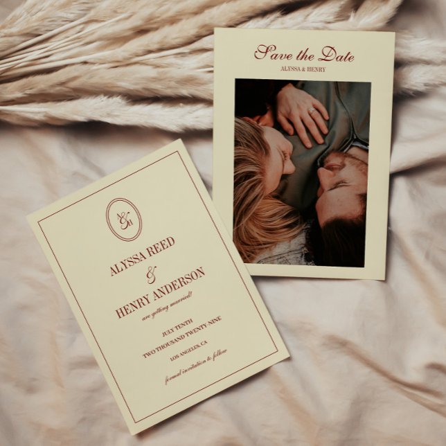 Save The Date Elegant Classy Ivory Monogram Script Wedding Photo (Créateur téléchargé)