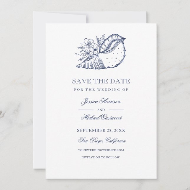 Save The Date Elégant Classy Navy Seashell Beach Mariage Photo (Devant)