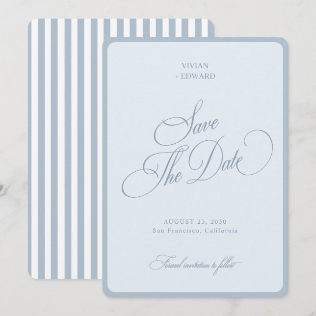 Save The Date Elegant Coastal Blue Stripes Border Retro Wedding (Devant / Derrière)