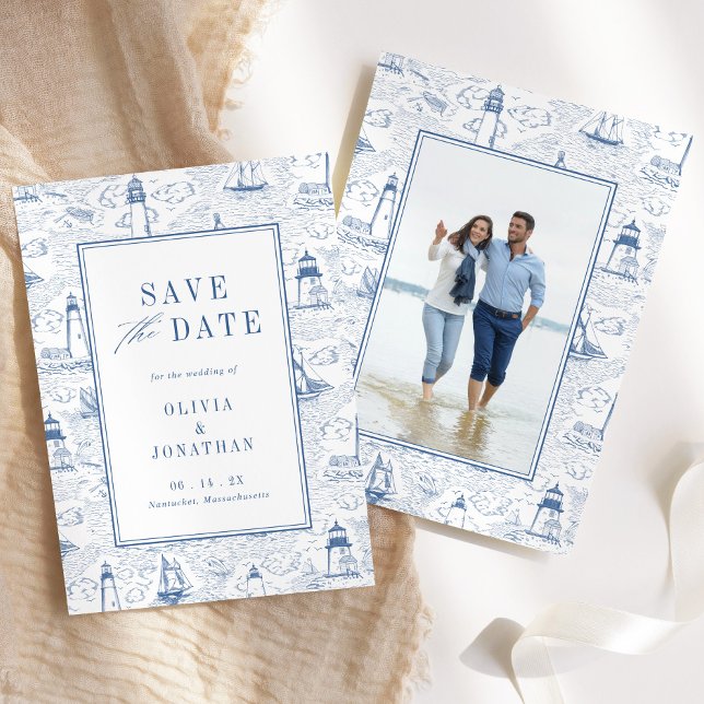 Save The Date Elegant Coastal Blue Toile Wedding Photo (Créateur téléchargé)