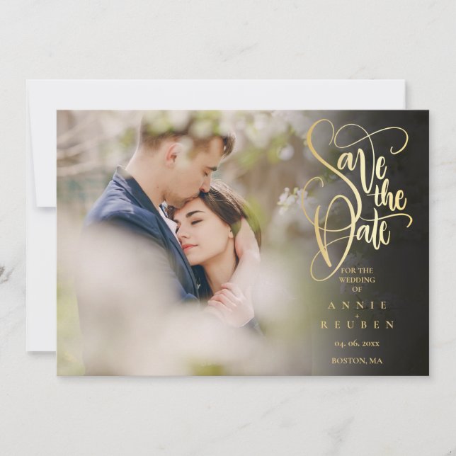 Save The Date Élégant Code QR de Script Doré Photo Mariage (Devant)