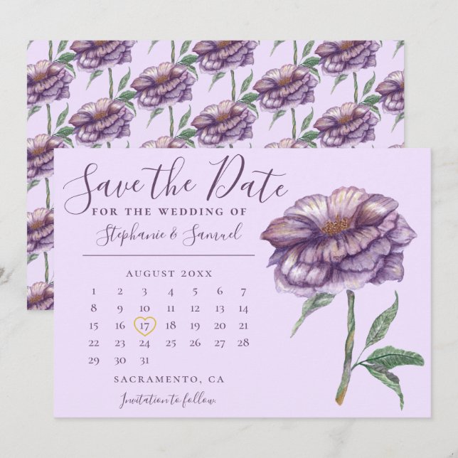 Save The Date Elégant couleur violet Mariage Floral Calendrier (Devant / Derrière)
