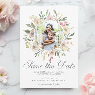 Save The Date Élégant Couple Floral Photo Blush Rose