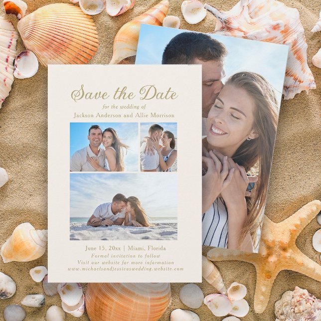 Save The Date Élégant Crème 4 Photos 2 Faces Mariage (4-photo, 2-sided wedding Save the Date card)