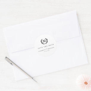 Save The Date! Elegant Crest Monogram White Classic Round Sticker