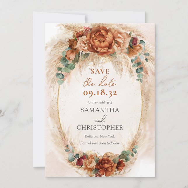 Save The Date Élégant Cuivre et fleurs bordeaux verdure (Devant)