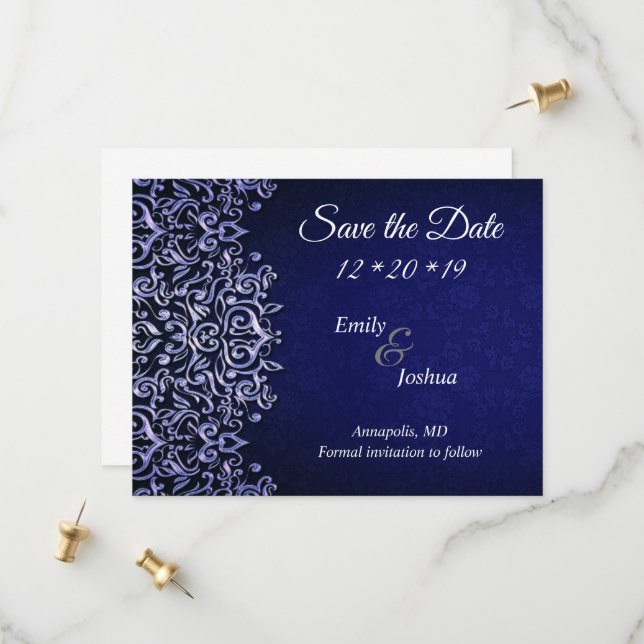Save The Date Élégant Damas bleu et blanc | MARIAGE (Devant/Arrière en situation)