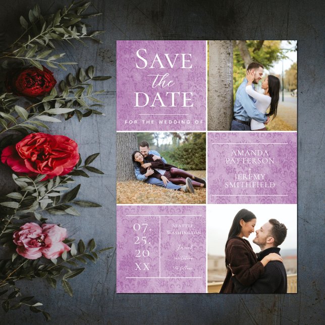 Save The Date Elegant Damask Three Photo Collage | Magenta (Elegant Damask Three Photo Save the Date - Magenta)