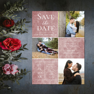 Save The Date Elegant Damask Three Photo Collage Rose