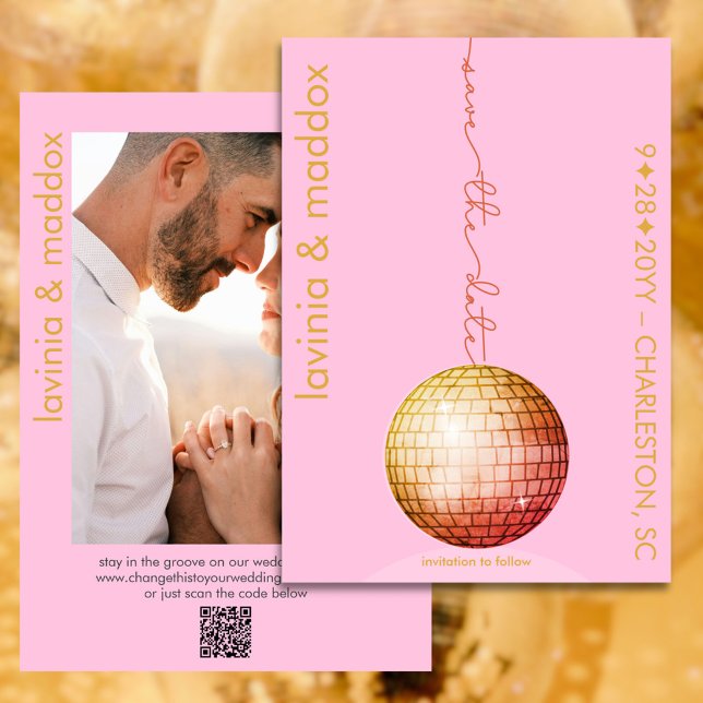 Save The Date Élégant Disco Ball Photo Pink Gold QR Code Mariage (Elegant disco  pink and gold save the date with photo and QR code)