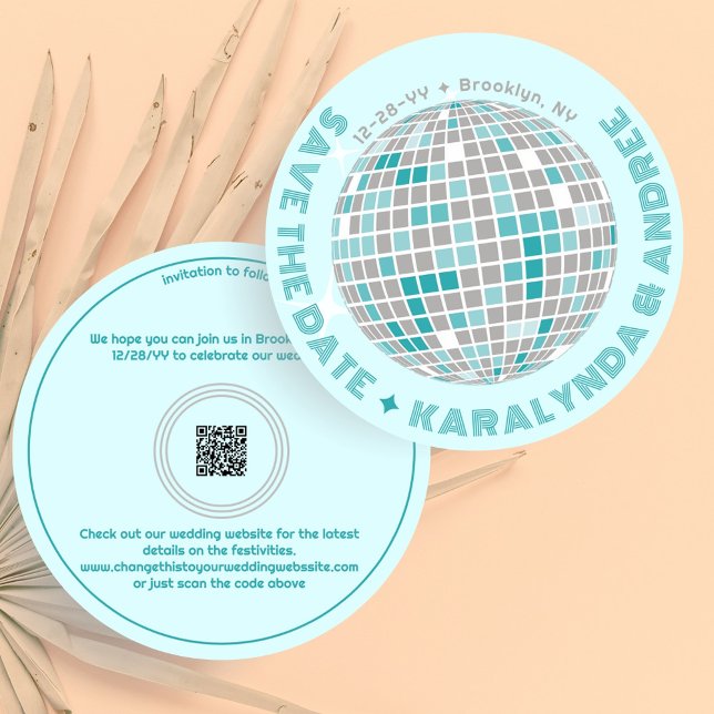 Save The Date Élégant Disco Ball Turquoise Blue Round Mariage (Elegant disco ball round Save the Date in light teal with QR code)