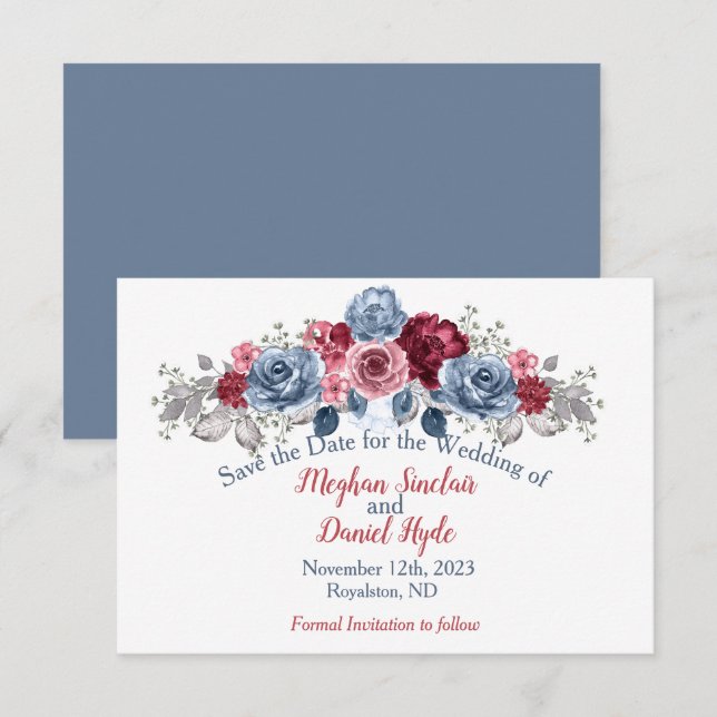 Save The Date Elégant Dusty Bleu et Mariage Bourgogne (Devant / Derrière)