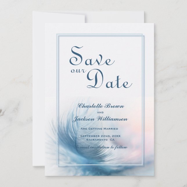 Save The Date Elégant Dusty Blue Feather Wedding Enregistrer la  (Devant)