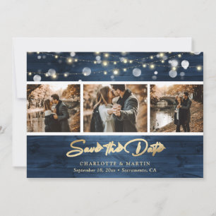 Save The Date Elégant Dusty Blue Gold Foil Wood Mariage Photo