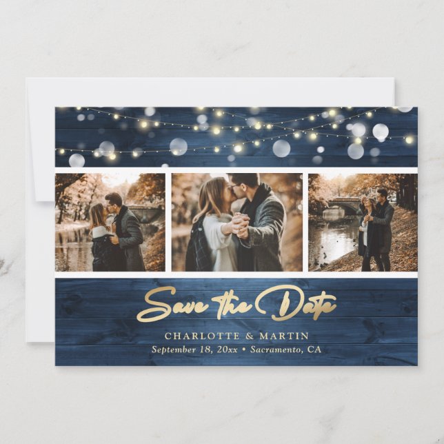 Save The Date Elégant Dusty Blue Gold Foil Wood Mariage Photo (Devant)