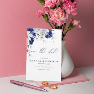 Save The Date Elégant Dusty Blue Navy Floral QR Code Mariage