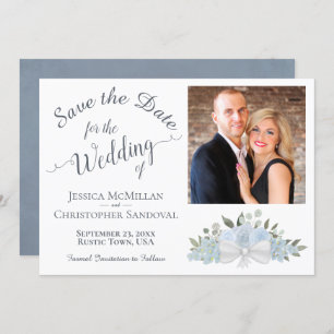 Save The Date Élégant Dusty Blue Roses Calligraphie Mariage phot