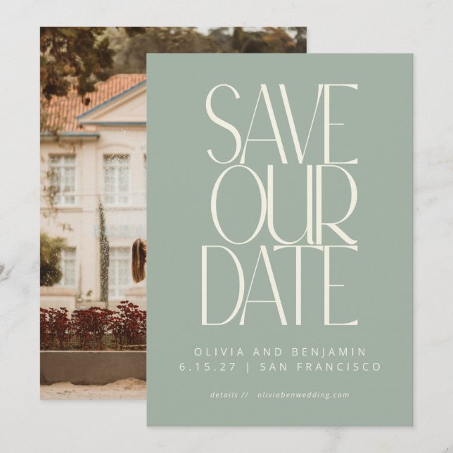 Save The Date Elégant Dusty Sage Simple Moderne Photo tendance (Devant / Derrière)