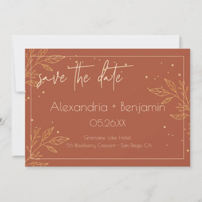 Save The Date Elégant Earthy Brown & Gold Floral Mariage (Devant)