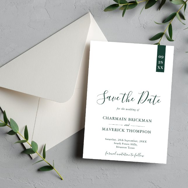 Save The Date Élégant Emerald Green et Mariage de script blanc (Créateur téléchargé)