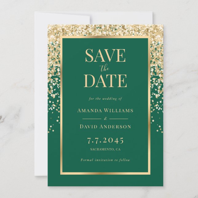 Save The Date Elegant Emerald Green Gold Confetti Wedding (Devant)