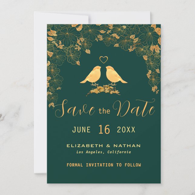 Save The Date Élégant Emerald Green & Gold Floral Birds Économis (Devant)