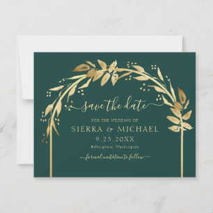 Save The Date Élégant Emerald Green Gold Foliage Arch Mariage