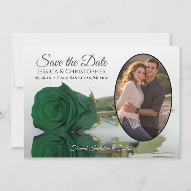 Save The Date Élégant Emerald Green Rose Oval Photo Mariage (Devant)