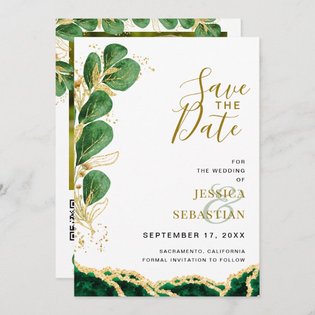 Save The Date Élégant Emeraude Et Or Agate Mariage Eucalyptus (Devant / Derrière)