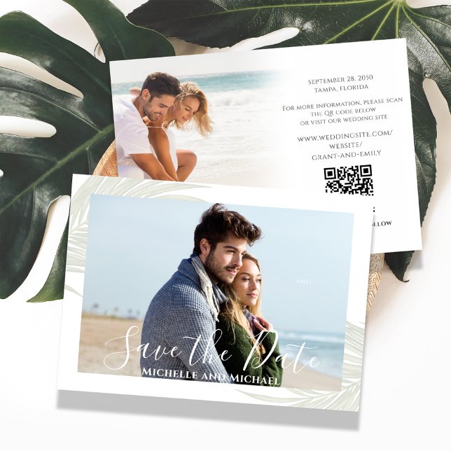 Save The Date Élégant Enregistrer la date Destination Mariage Pa (Elegant green palm leaves photo save the date card. With a scannable QR Code. )