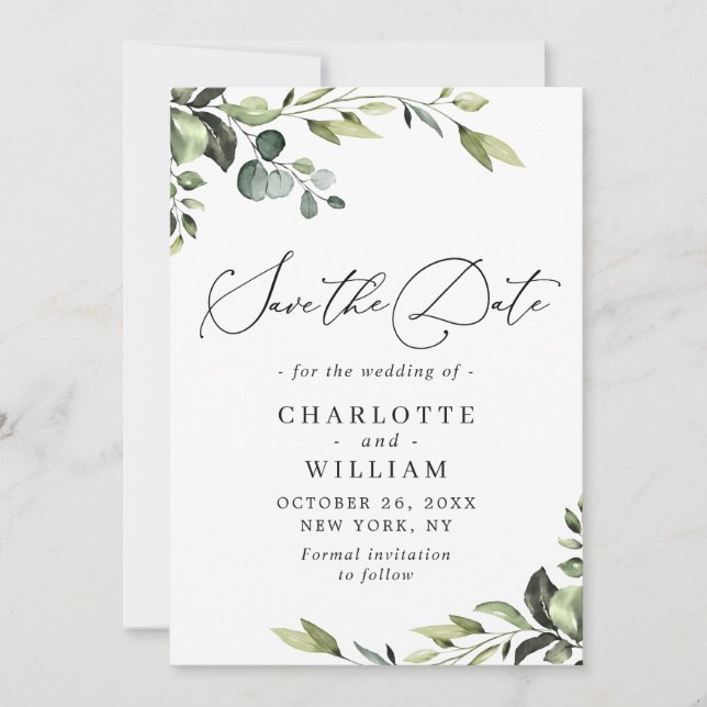 Save The Date Elégant Eucalyptus Aquarelle Floral Mariage (Devant)