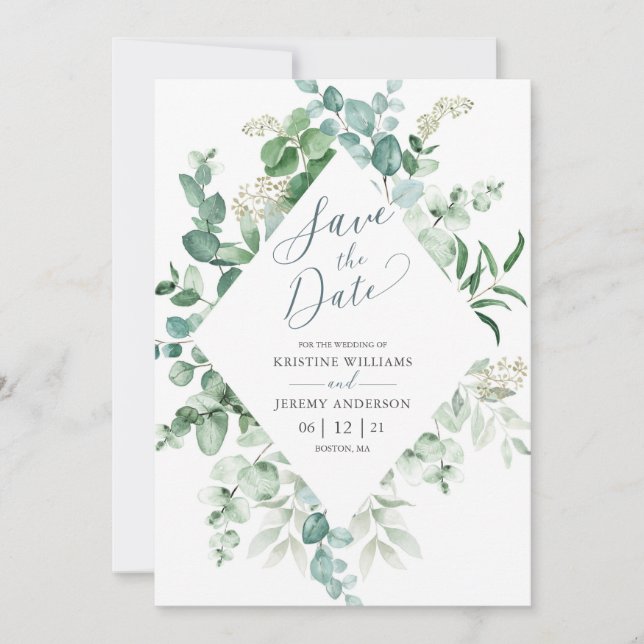 Save The Date Elégant Eucalyptus Aquarelle Mariage de verdure (Devant)