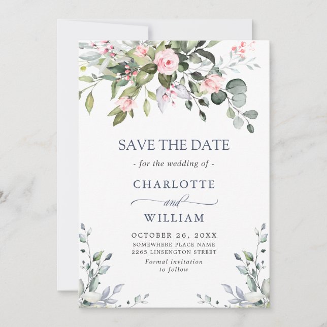 Save The Date Elégant Eucalyptus Blush Rose Mariage floral (Devant)