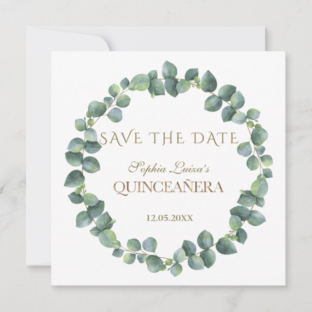 Save The Date Élégant Eucalyptus Foliage Or Quinceañera (Devant)