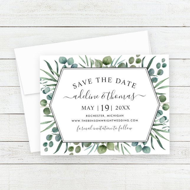 Save The Date Elégant Eucalyptus Mariage de verdure géométrique (Créateur téléchargé)