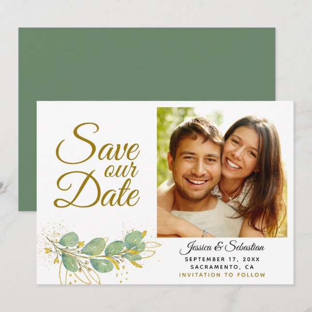 Save The Date Elégant Eucalyptus Mariage photo (Devant / Derrière)