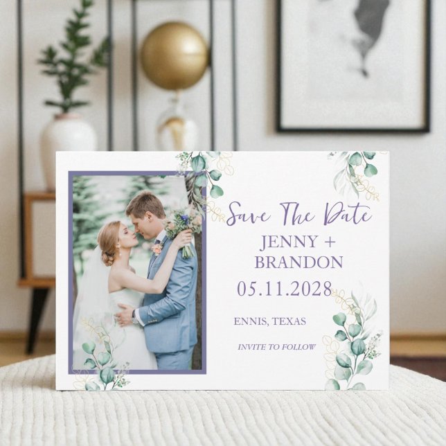 Save The Date Elégant Eucalyptus Verdure Floral Photo boho (Créateur téléchargé)