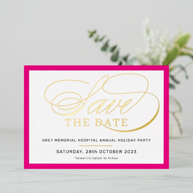 SAVE THE DATE elegant fancy script hot pink gold (Standing Front)