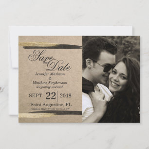 Save The Date Élégant Faux Gold & Black Paint Strokes